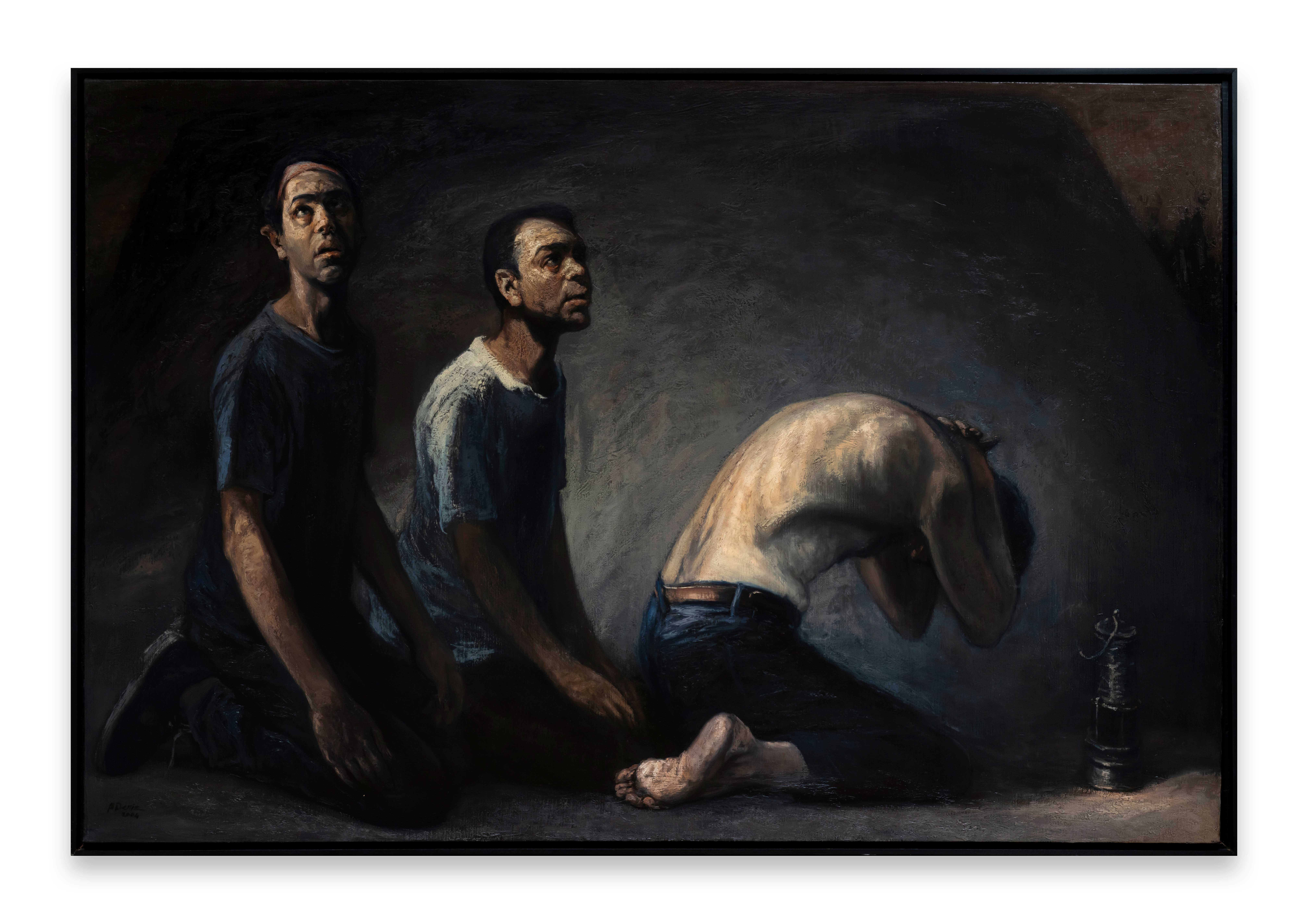 "Diz Çökmüş Üç İnsan, 2004", Tuval üzerine Akrilik, 130 x 195 cm 